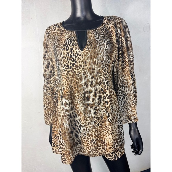 Spense Leopard Print Tunic Top Keyhole Neckline Brown Animal Print Blouse LG - Picture 1 of 9